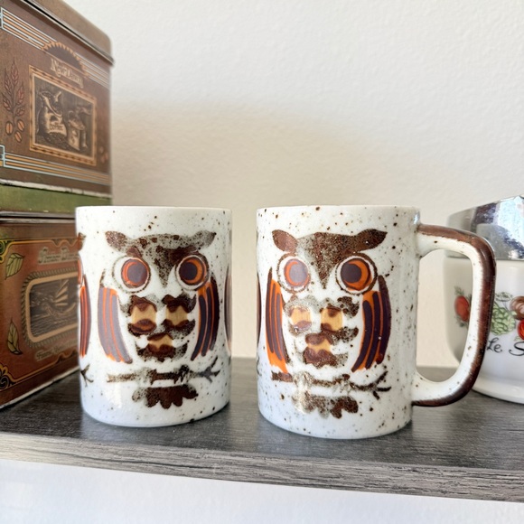 Vintage 1970s Owl Mug Pair Japan Stoneware Cozy Woodland Kitchen - Picture 3 of 9